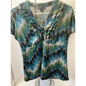 I. N. STUDIO Women's Large Blouse Short Sleeve Lightweight V-Neck Aztec